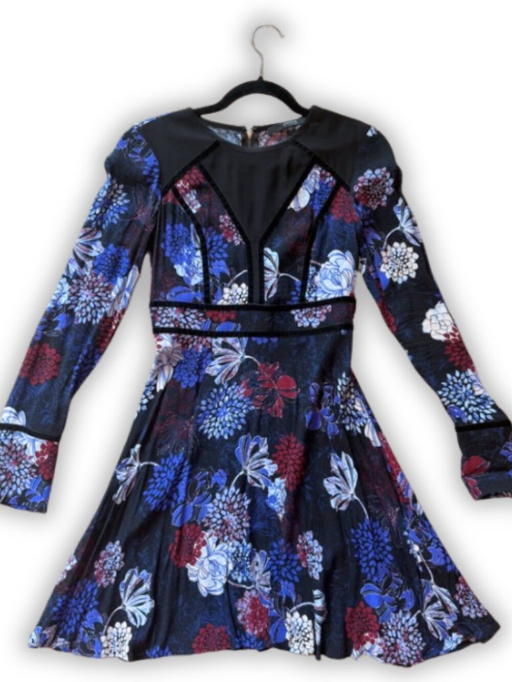 Guess Black Blue Floral Long Sleeve Mini Dress Size 0 Fit-and-Flare Flowy Skirt